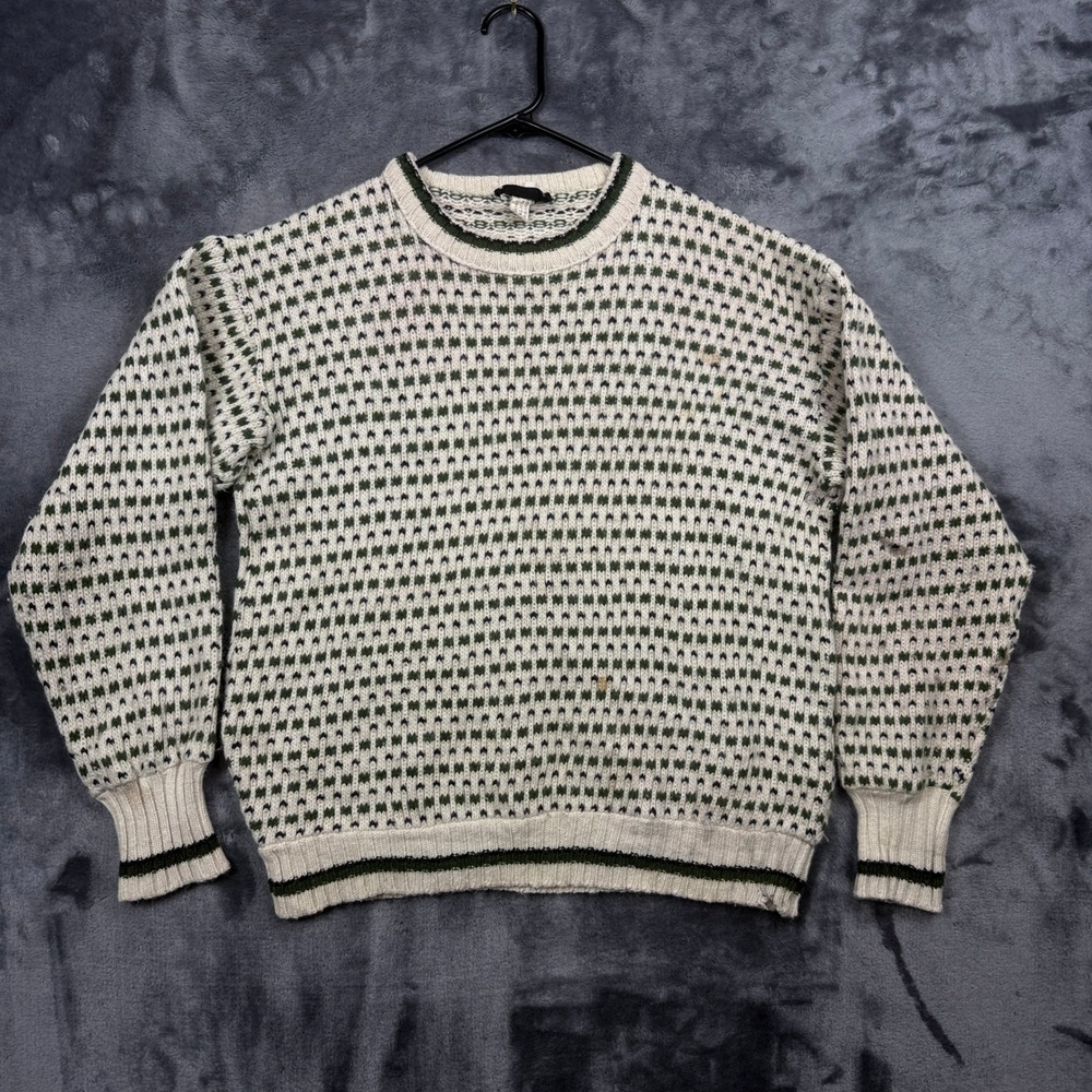 Fathom Sweater Mens L White Green Wool Blend Nordic Knit Crew Neck Vintage - Picture 1 of 7